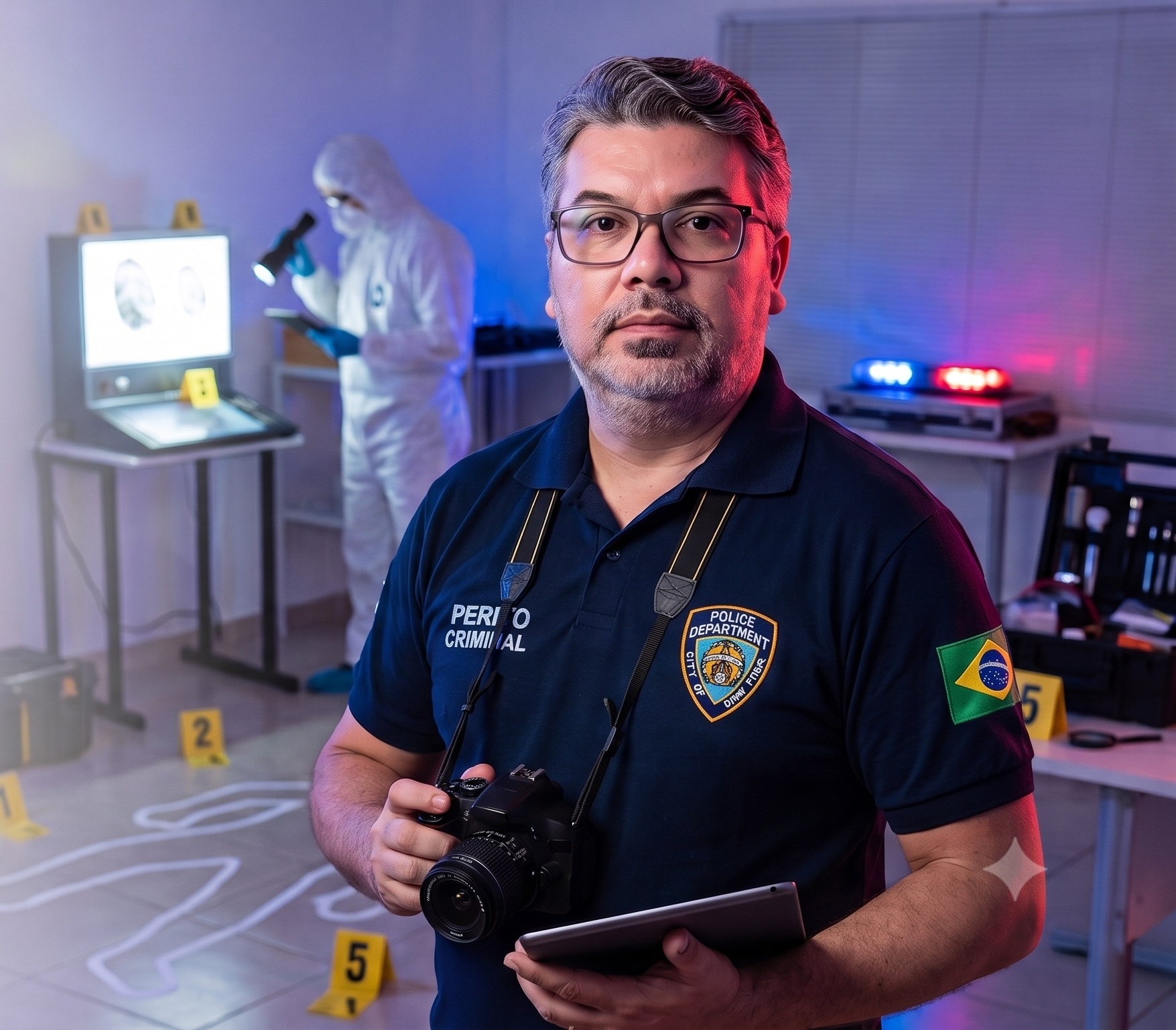 Eduardo Soares dos Santos, Perito Criminal Oficial do Maranhão, com camisa de perícia criminal em laboratório forense